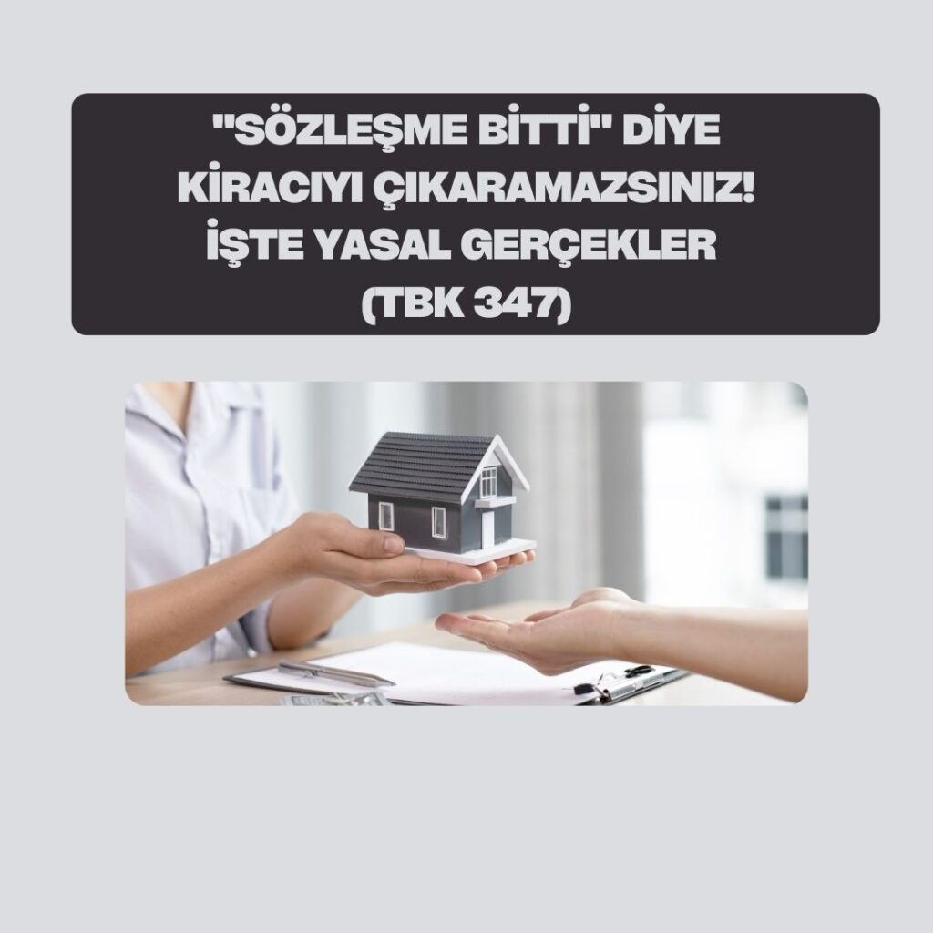 Bir emlakçının kiracıya ev maketi uzattığı görsel ve 1 yıllık kira sözleşmesi bitince kiracının tahliye edilemeyeceği metni