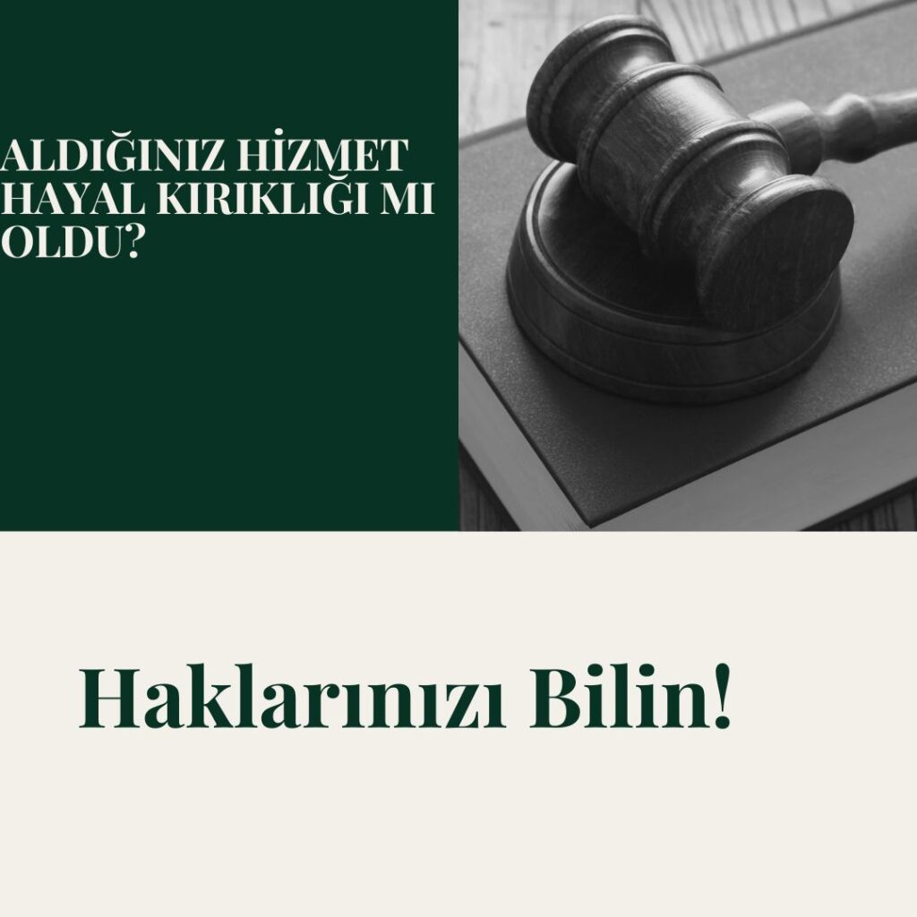 Bir mahkeme çekici ve hukuk kitabının yanında, yeşil bir alanda ayıplı hizmetle ilgili bir metin. Görsel, ayıplı hizmet tüketici hakları konusunu anlatır.