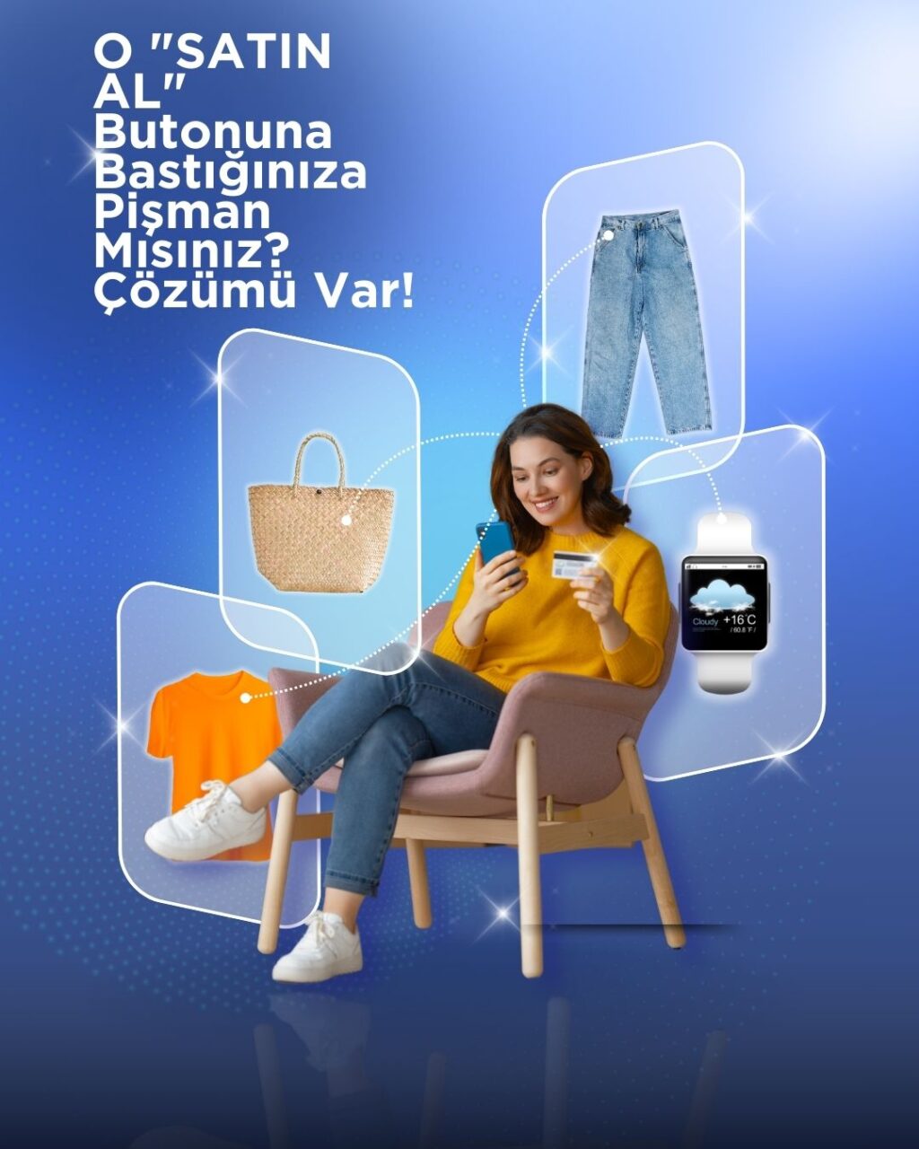 Elinde kredi kartı ve telefonla online alışveriş yapan bir kadın ve etrafında beliren ürünler. Görsel, cayma hakkı nasıl kullanılır konusunu temsil eder.