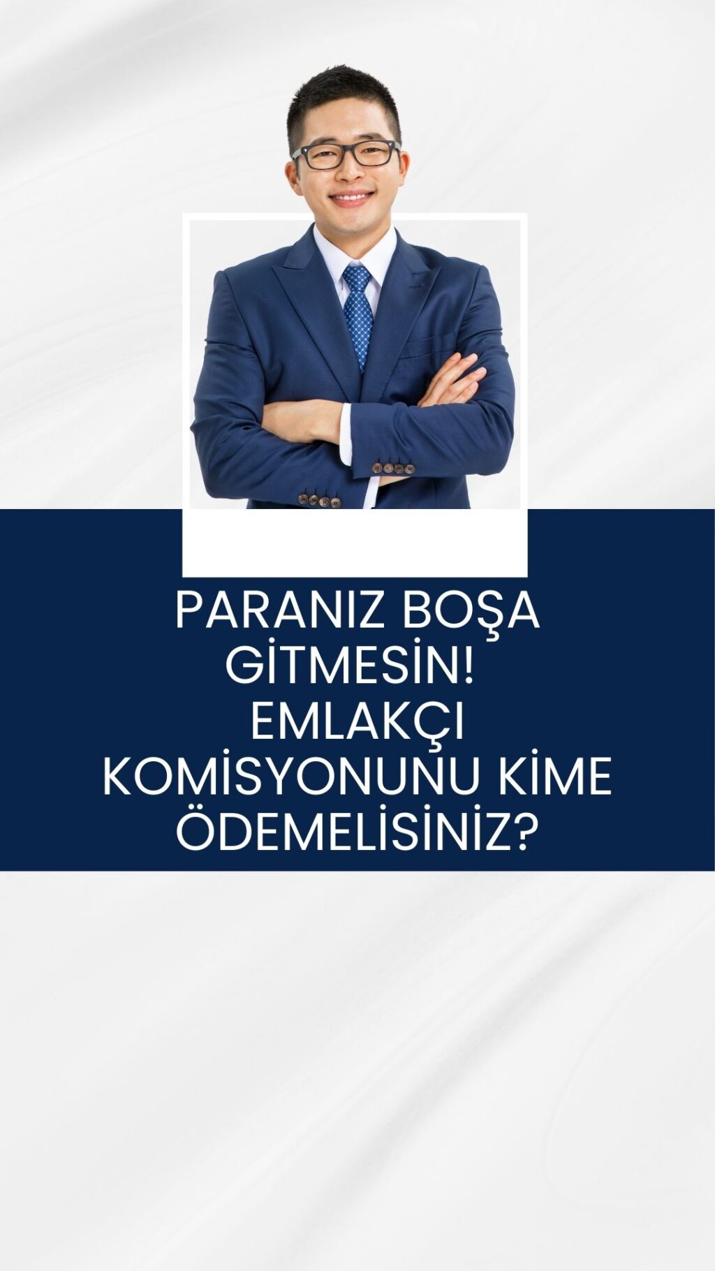 Takım elbiseli bir emlakçının olduğu görselde, emlakçı komisyonu kime ödenir sorusu ve hukuki süreç anlatılmaktadır.