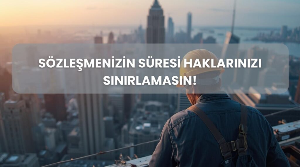 Belirli süreli iş sözleşmesinin şartlarını gösteren sarı baretli bir işçinin yüksekte çalıştığını gösteren görsel.