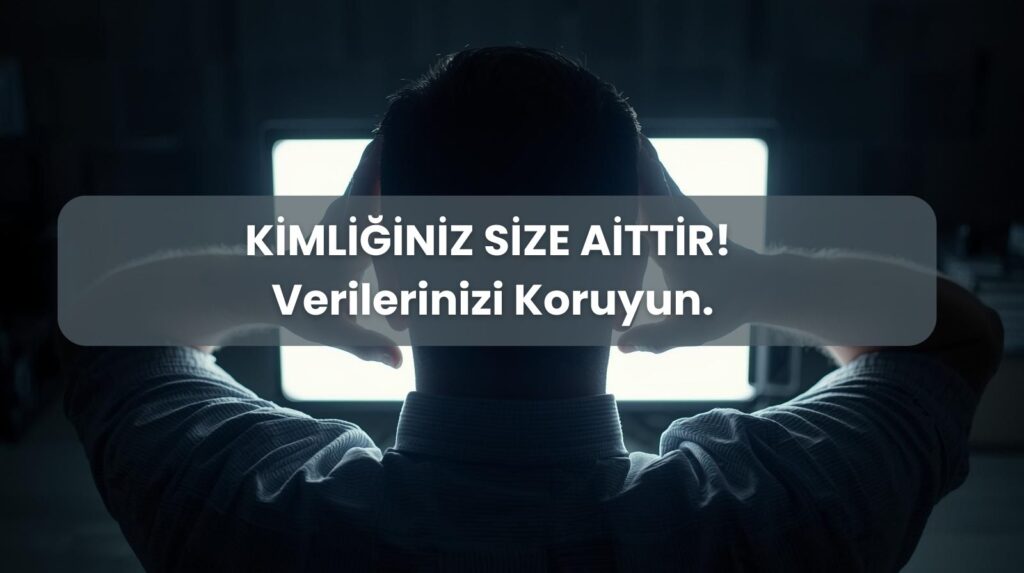 Bilgisayara bakarak ellerini kafasına götüren endişeli bir adam ve kişisel verilerin hukuka aykırı olarak ele geçirilmesi suçunun görselleştirilmesi.