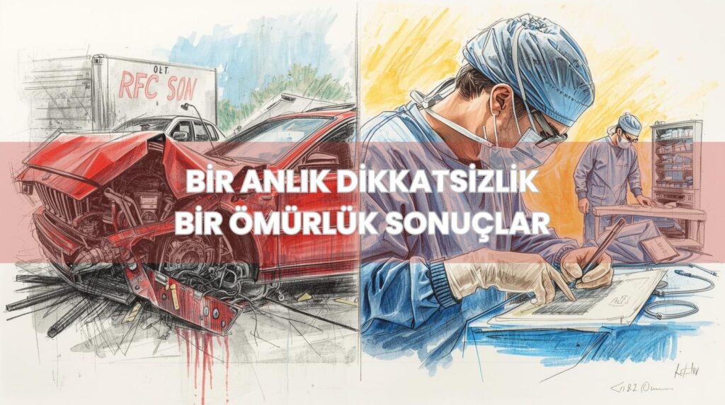 Taksirle ölüme neden olma suçunu ve TCK 85 uyarınca cezasını simgeleyen, trafik kazası ve doktor hatası gibi örnekler.