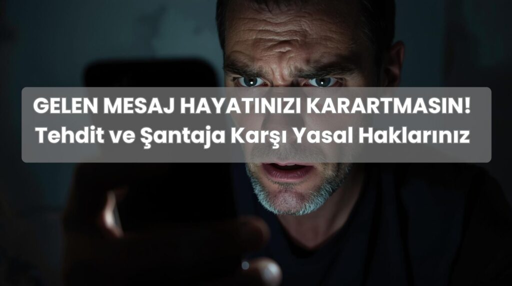 Karanlıkta telefon ekranına dehşetle bakan bir adam, tehdit ve şantaj suçu ile mesajla tehdit konularını sembolize ediyor.