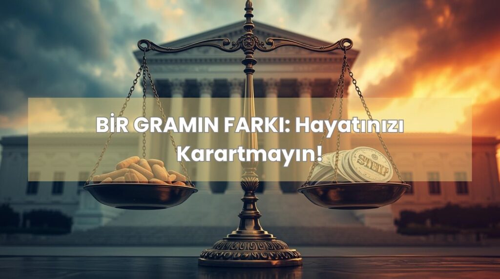 Uyuşturucu davalarında kullanıcı ve satıcı ayrımı için Yargıtay kriterlerini simgeleyen adalet terazisi.