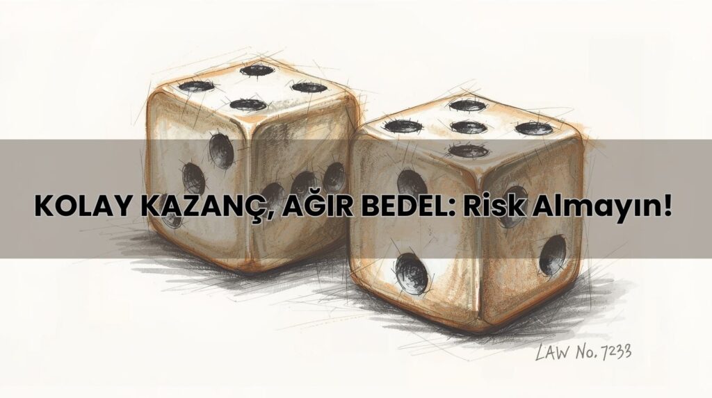 Yasa dışı bahis oynama cezası ve 7258 sayılı kanun uyarınca riskleri temsil eden oyun zarlarını gösteren görsel.