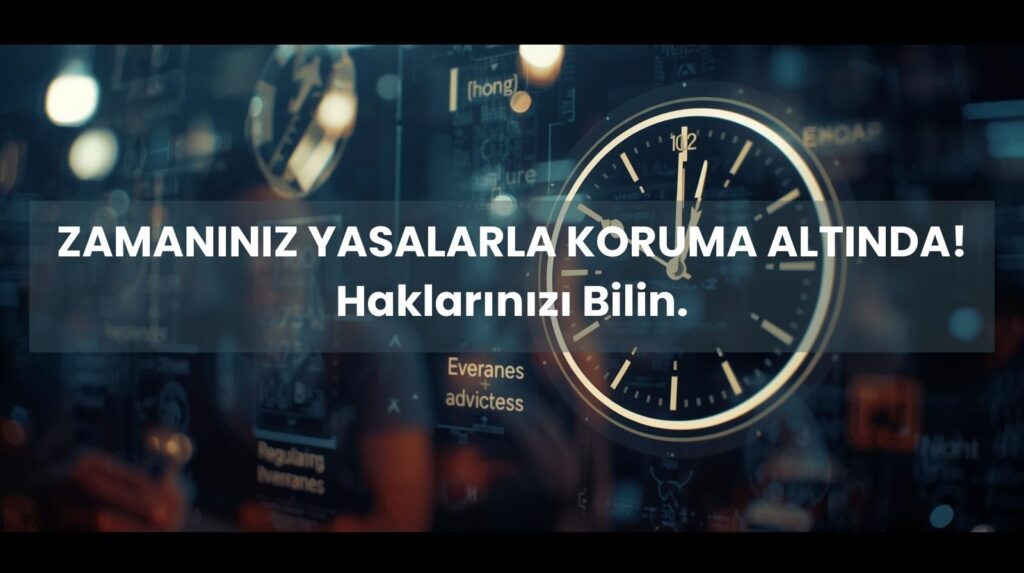 Yasal çalışma saatleri, mola hakkı ve gece çalışması kurallarını gösteren bir saat simgesi.