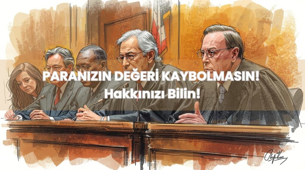 Denkleştirici adalet ilkesi nedir sorusunu yanıtlayan, paranın alım gücünün enflasyon farkı ile korunmasını simgeleyen karar veren kürsüdeki mahkeme heyeti.