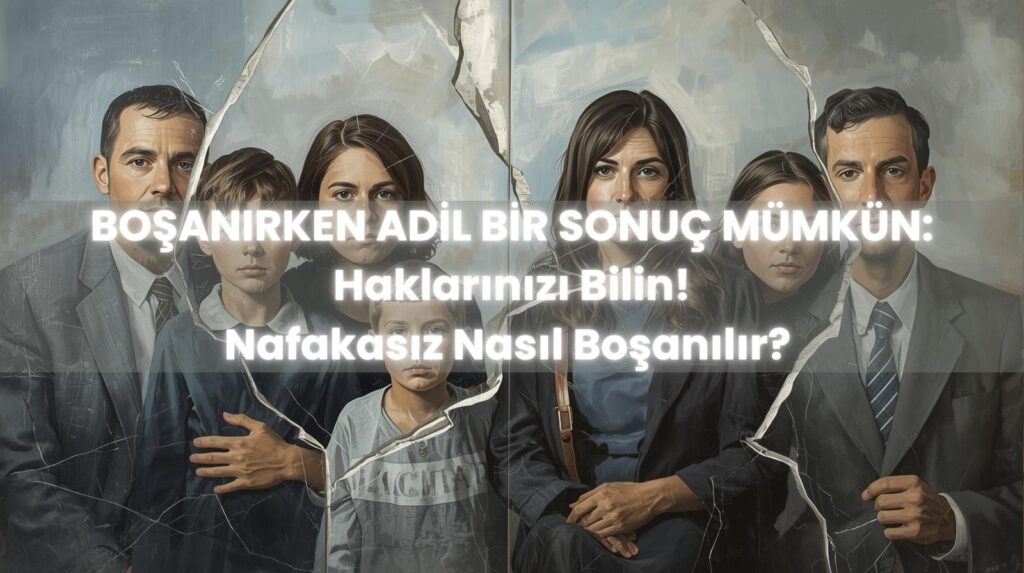 Nafakasız nasıl boşanılır sorusunu yanıtlayan, yoksulluk nafakası şartları ve kusur durumunun etkisini gösteren parçalanmış aile tablosu görseli.