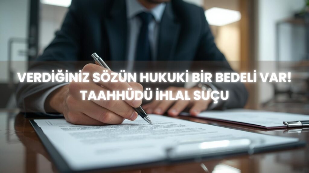 Taahhüdü ihlal suçu ve İİK 340 uyarınca verilen tazyik hapsi cezasını simgeleyen bir imza atan adam görseli.