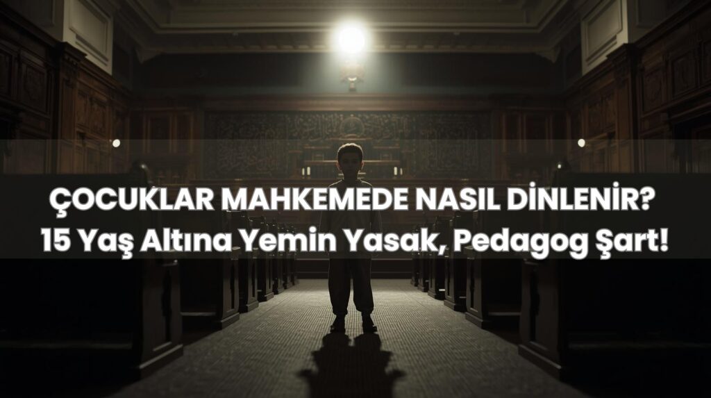 Mahkemede çocukların tanıklığı konusunu ifade eden, mahkeme salonunda tek başına bir çocuk görseli.