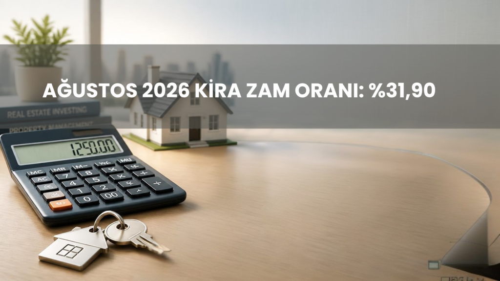 TÜİK verilerine göre belirlenmiş Ağustos 2026 kira zam oranı olan yüzde 31,90 artışını simgeleyen ev anahtarı, kira sözleşmesi ve hesap makinesi